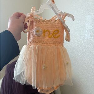 Peach Tulle 'One' Birthday Romper